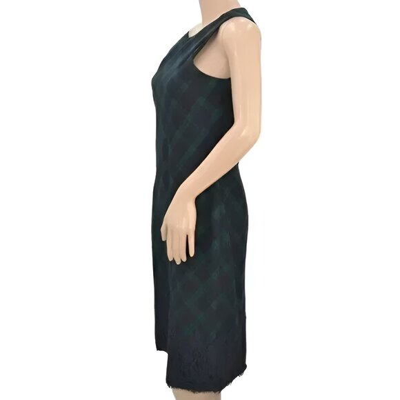 Talbots Hunter Green Navy Blue Glen Plaid & Lace Gabardine Wool Sheath Dress 8 M - Picture 3 of 6